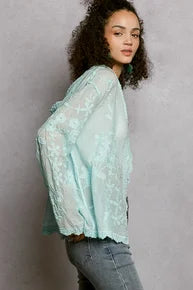 POL-Linen Embroidered Hooded Cardigan (Sky Blue) PREORDER *Final Sale*