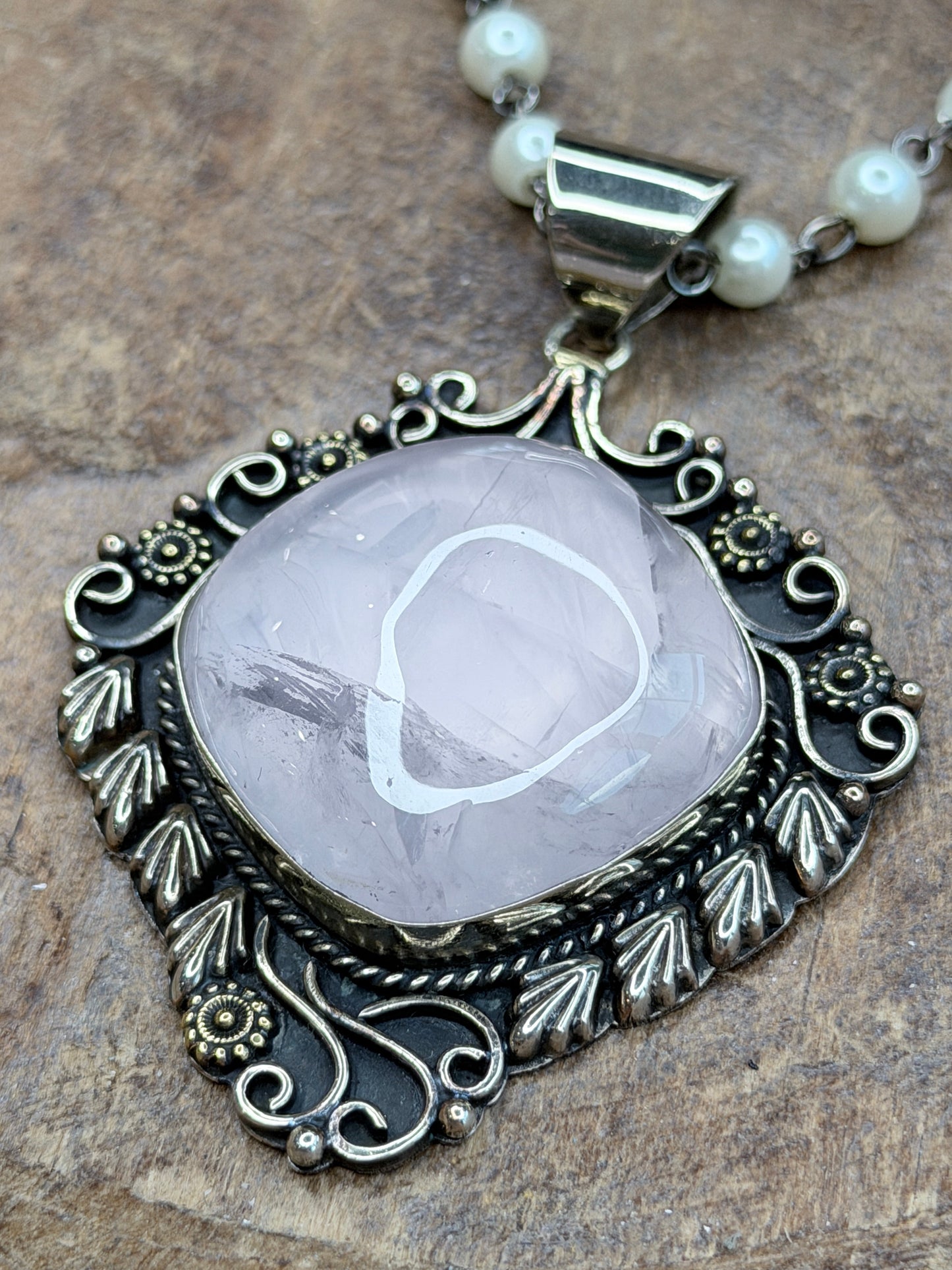 German Silver Embellished Rose Quartz Necklace