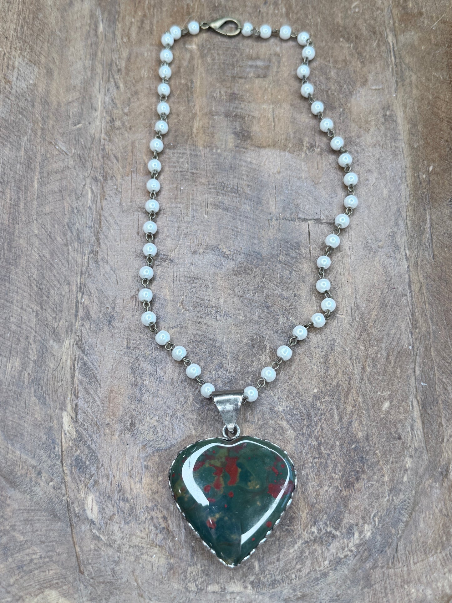 German Silver Bloodstone Heart Necklace