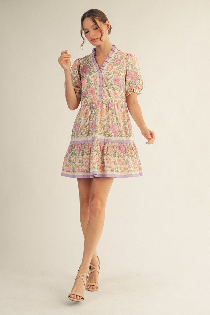 Jodifl- Floral Contrast Tiered Dress (Cream)