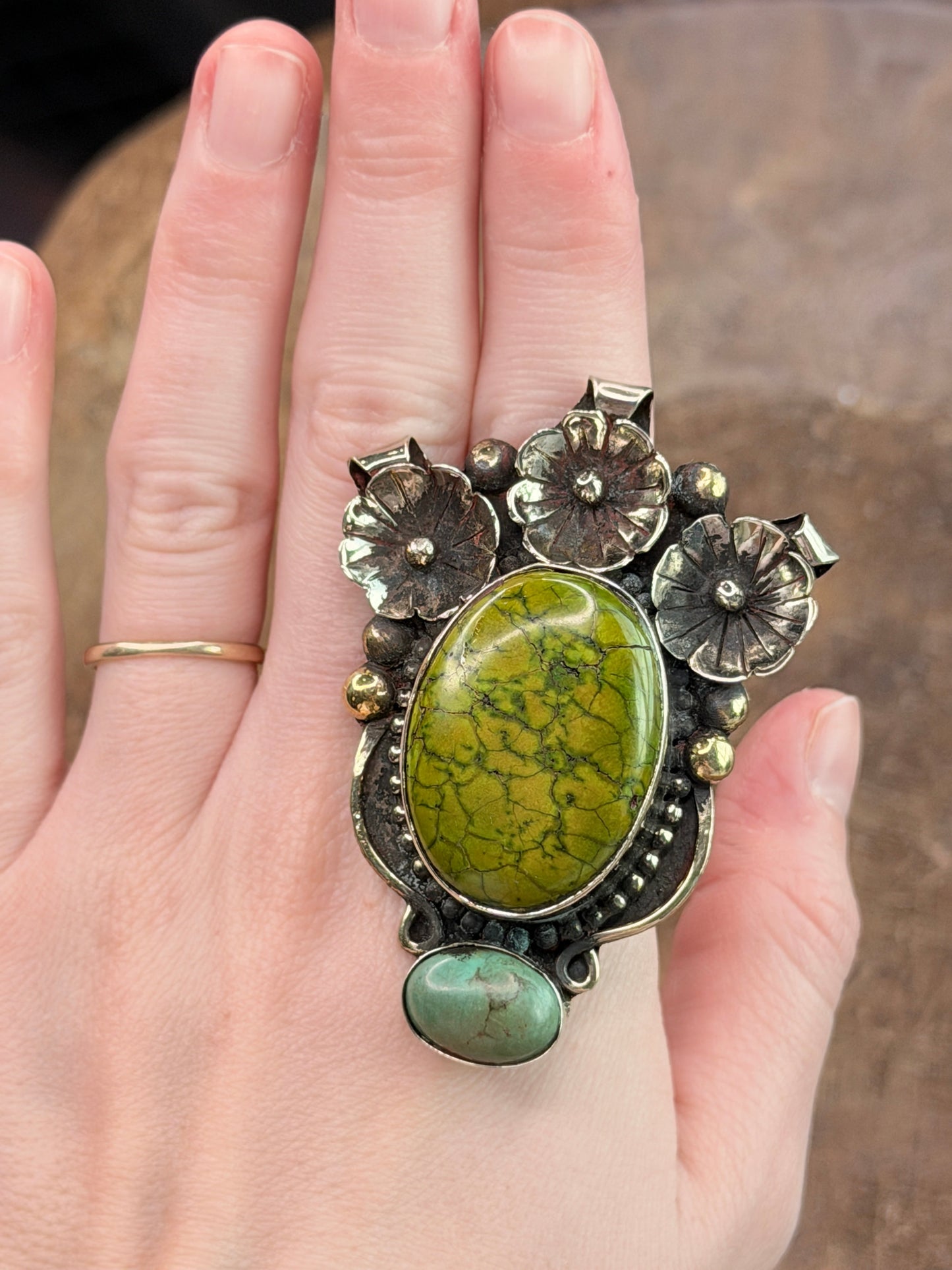 German Silver Unique Turquoise Flower Ring