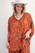 Easel - Half Sleeve Western Printed  SatinTop Rust *Final Sale*