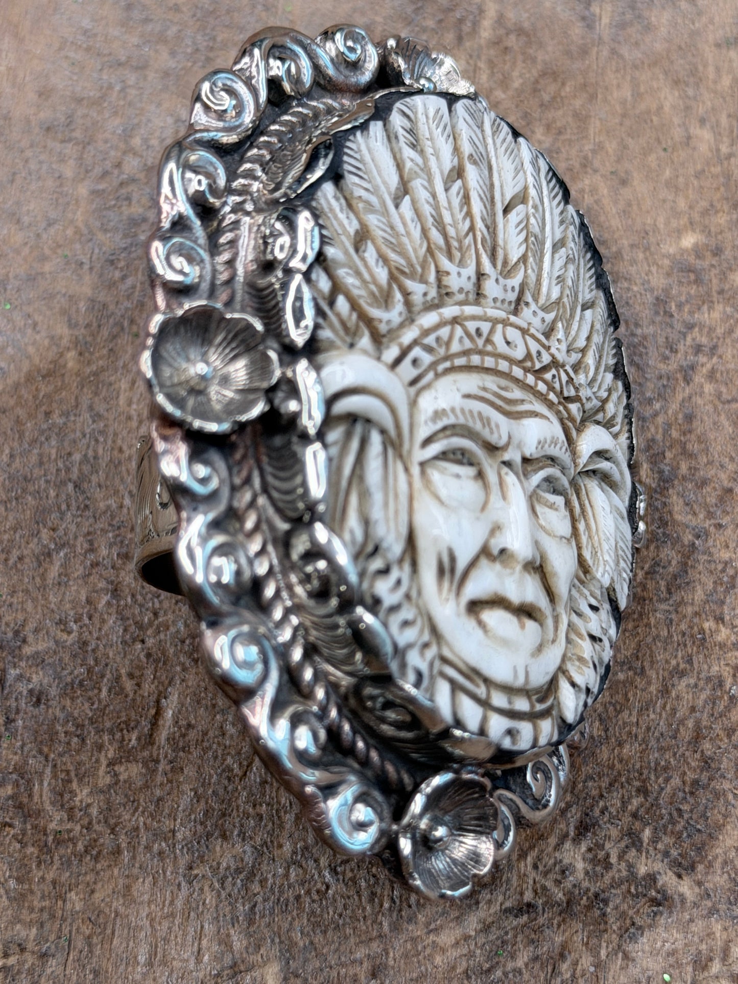 Tibetan Silver Bone Carved Chief Ring