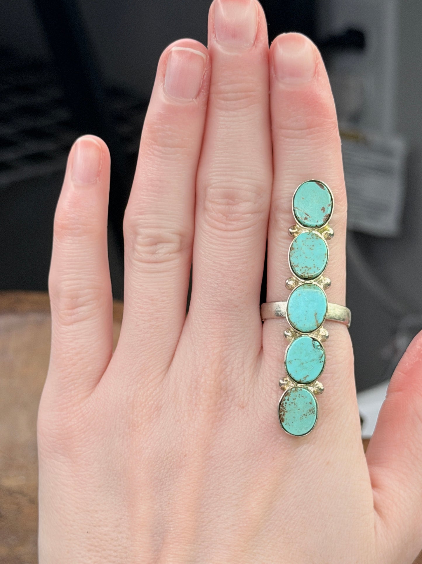 German Silver Dainty Five Stone Turquoise Ring