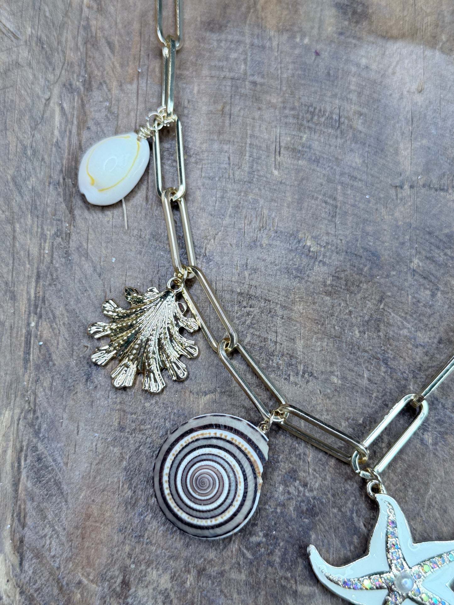 Gold Starfish and Shells Charm Necklace