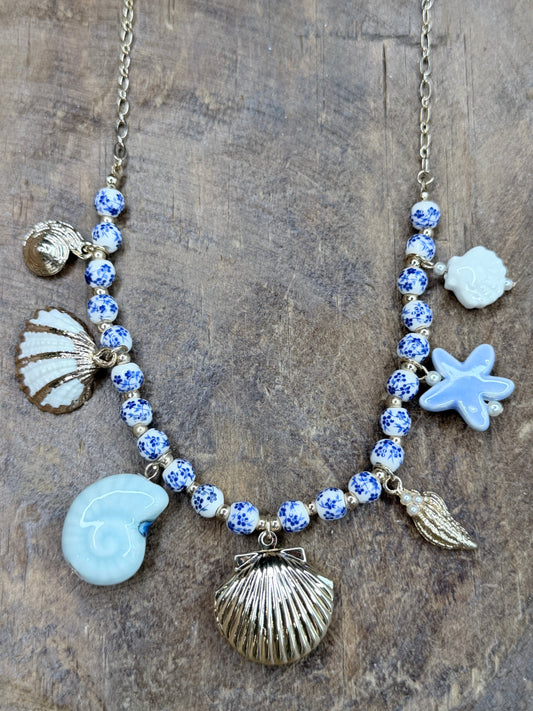 Gold and Blue China Shell Charm Necklace