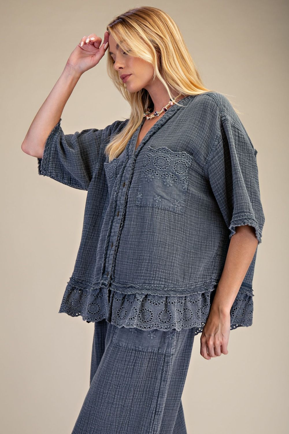 EASEL - Washed Cotton Gauze Top (Smoke)