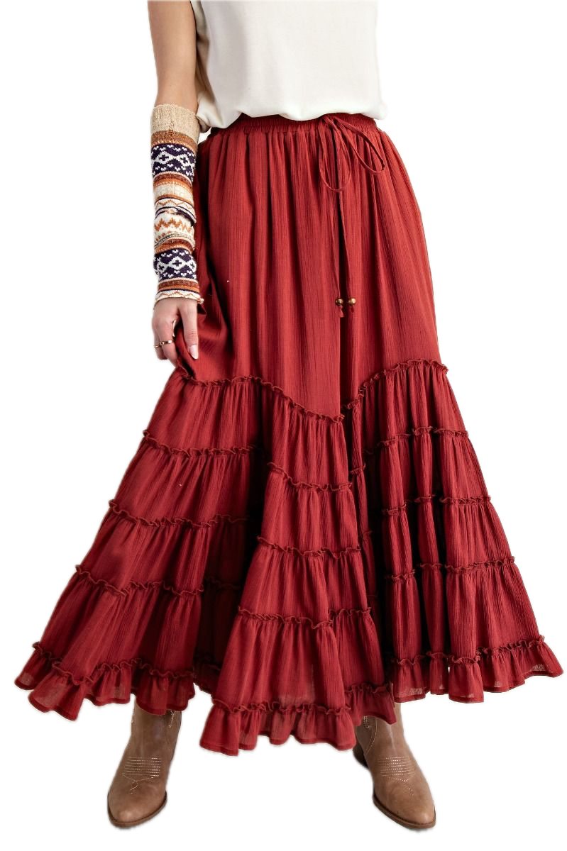 EASEL - Cotton Gauze Tiered Maxi Skirt (Maroon) *Final Sale*