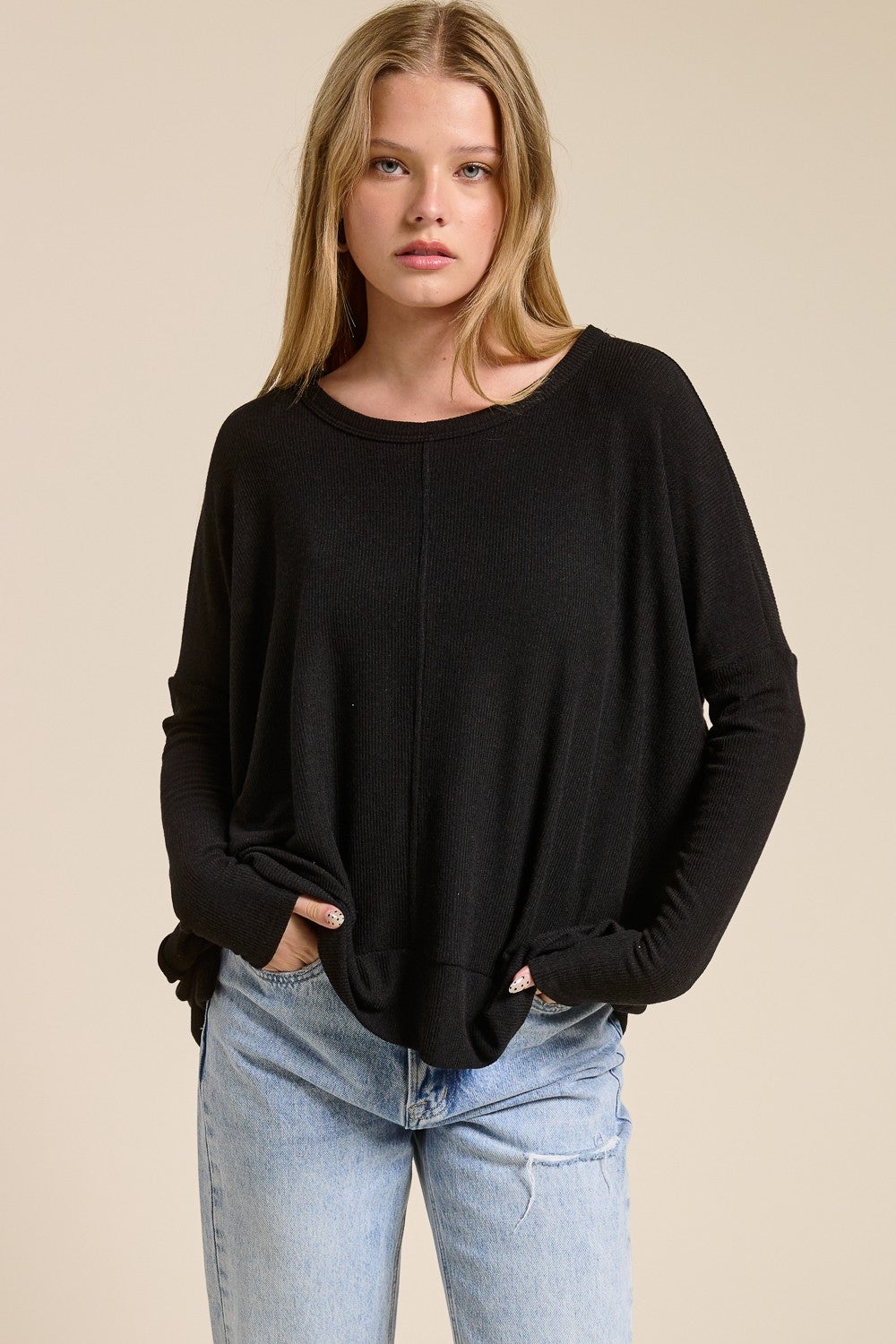 Charlotte Avery- Rib Knit Relaxed Fit Top (Black)