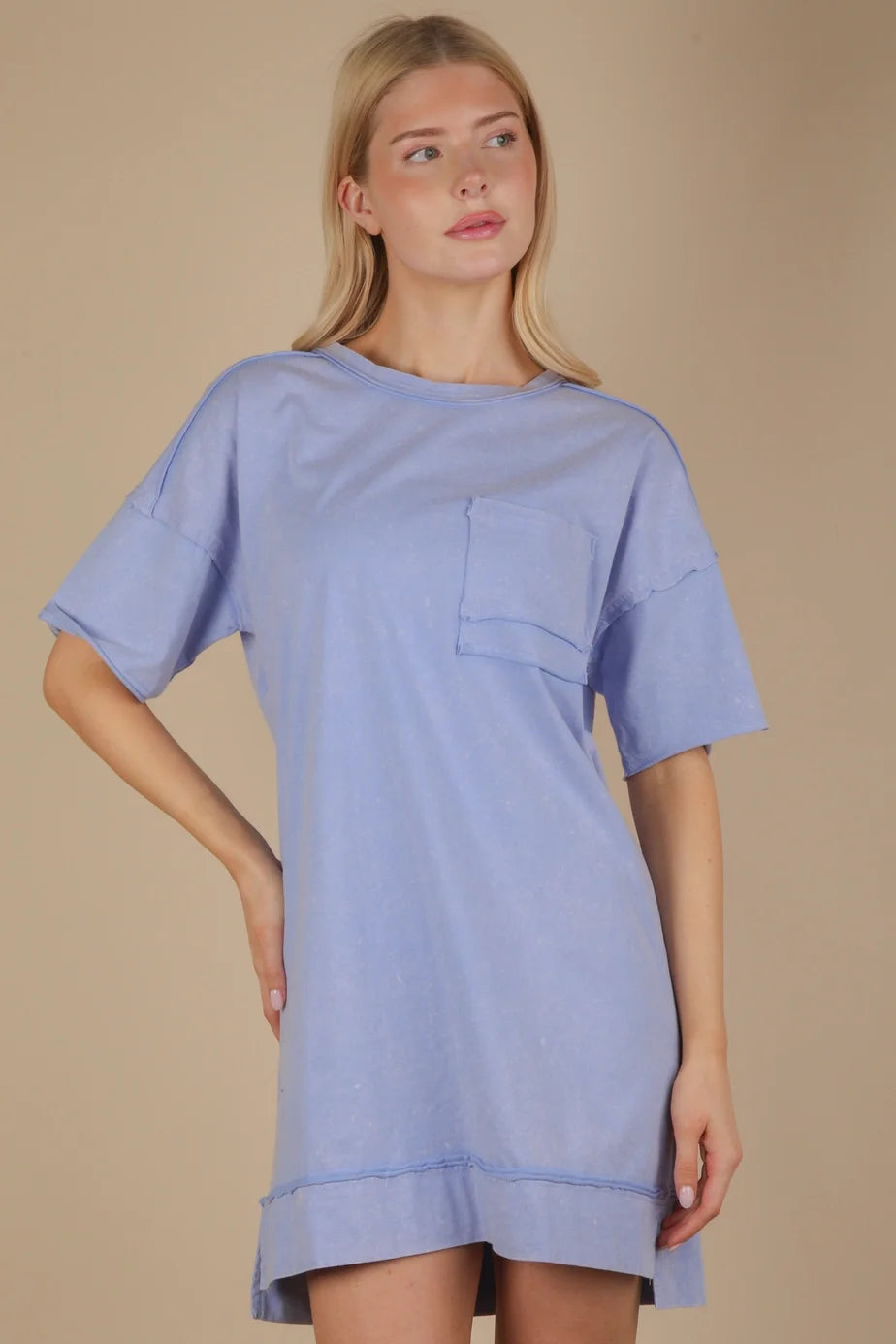 Very J Mineral Washed Knit Oversized Shift Mini Dress Blue *Final Sale*