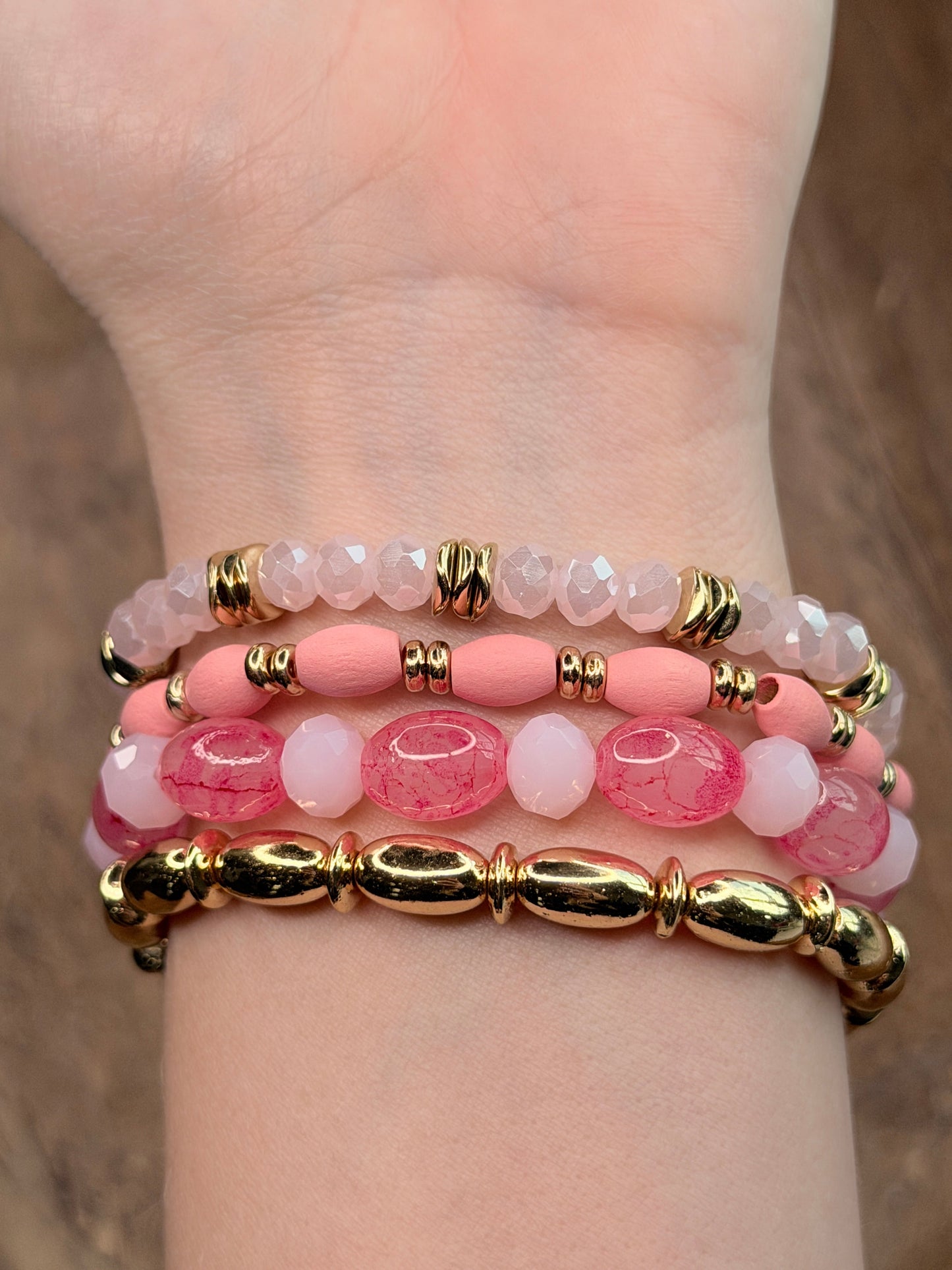 Aria Pink and Gold Crystal Beaded Bracelet Stack