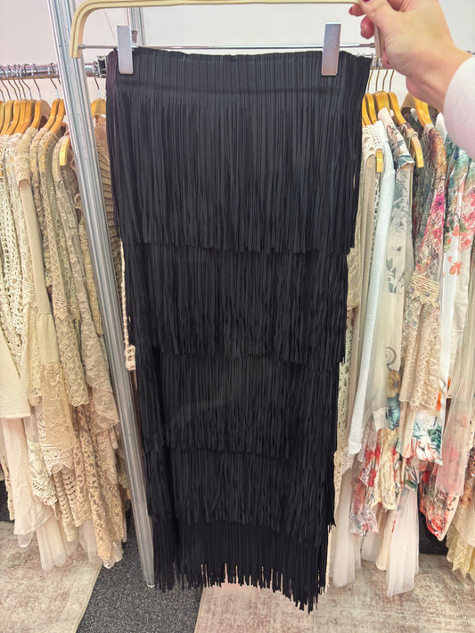 Origami- Layered Fringe Tiered Black Long Skirt PREORDER *Final Sale*