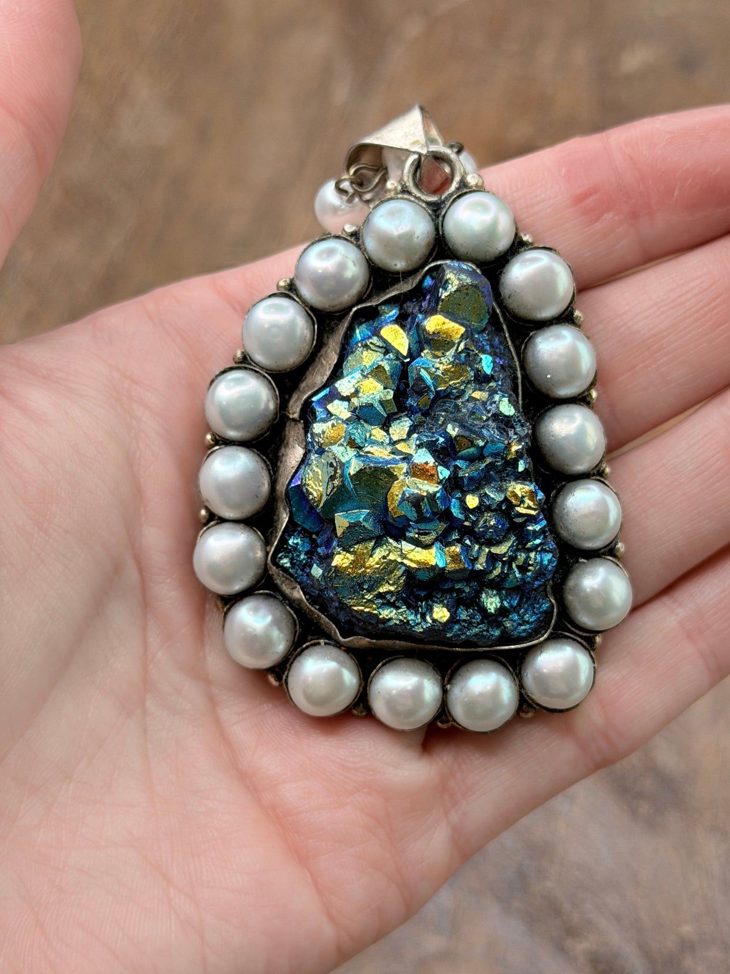 German Silver Blue Electro-Formed Druzy and Pearl Necklace