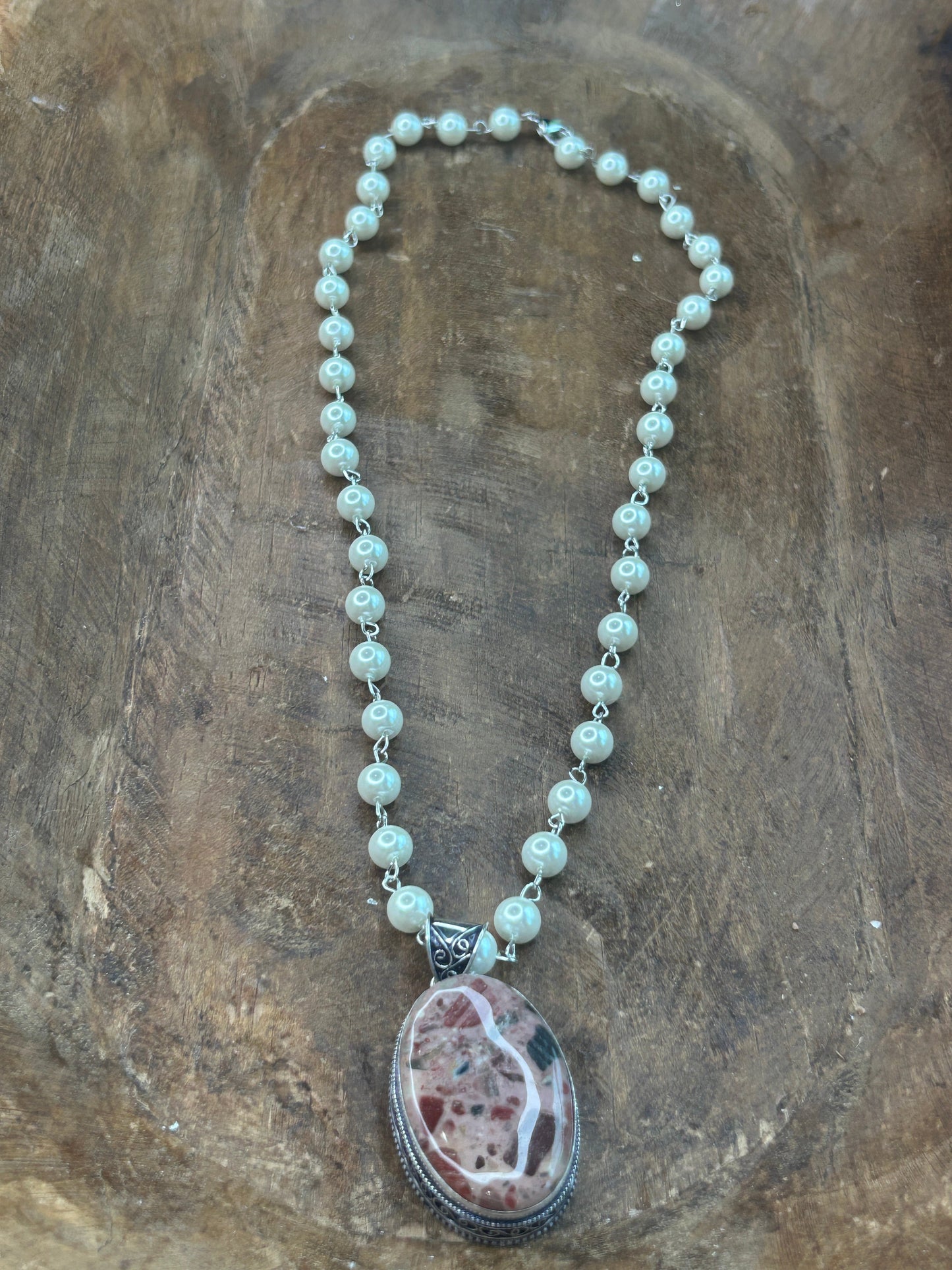 German Silver Chert Breccia Oval Necklace B