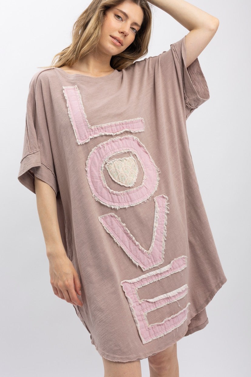 BlueVelvet- Love Lettering Patchwork Short Sleeve Dress (Mauve) *Final Sale*