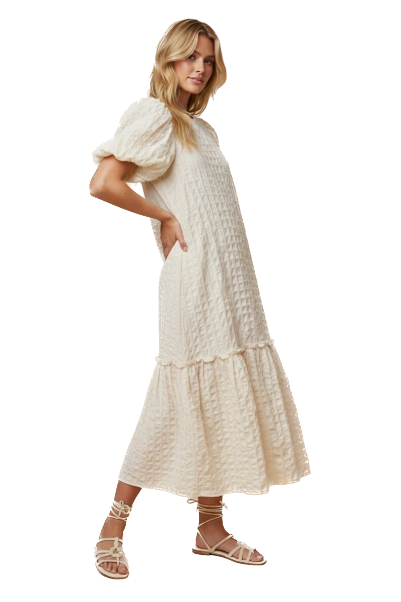 J.NNA- Embossed Textured Puff Sleeve Midi Dress (Cream)