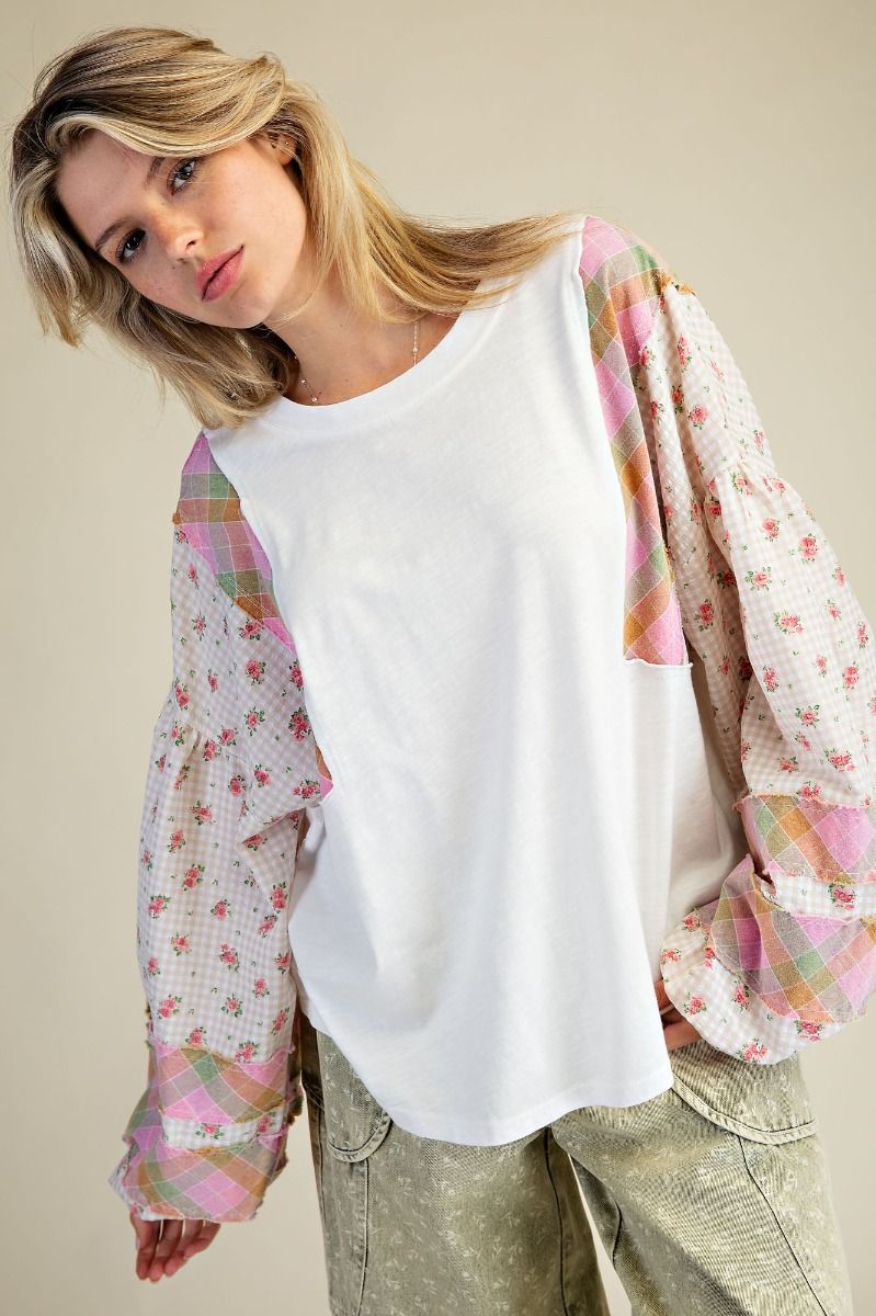 EASEL - Mixed Print Cotton Slub Top (White) *Final Sale*