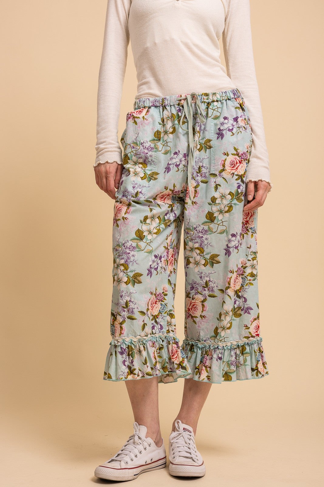 Bluevelvet- Floral Print Ruffle Bottom Pants (Light Blue) *Final Sale*