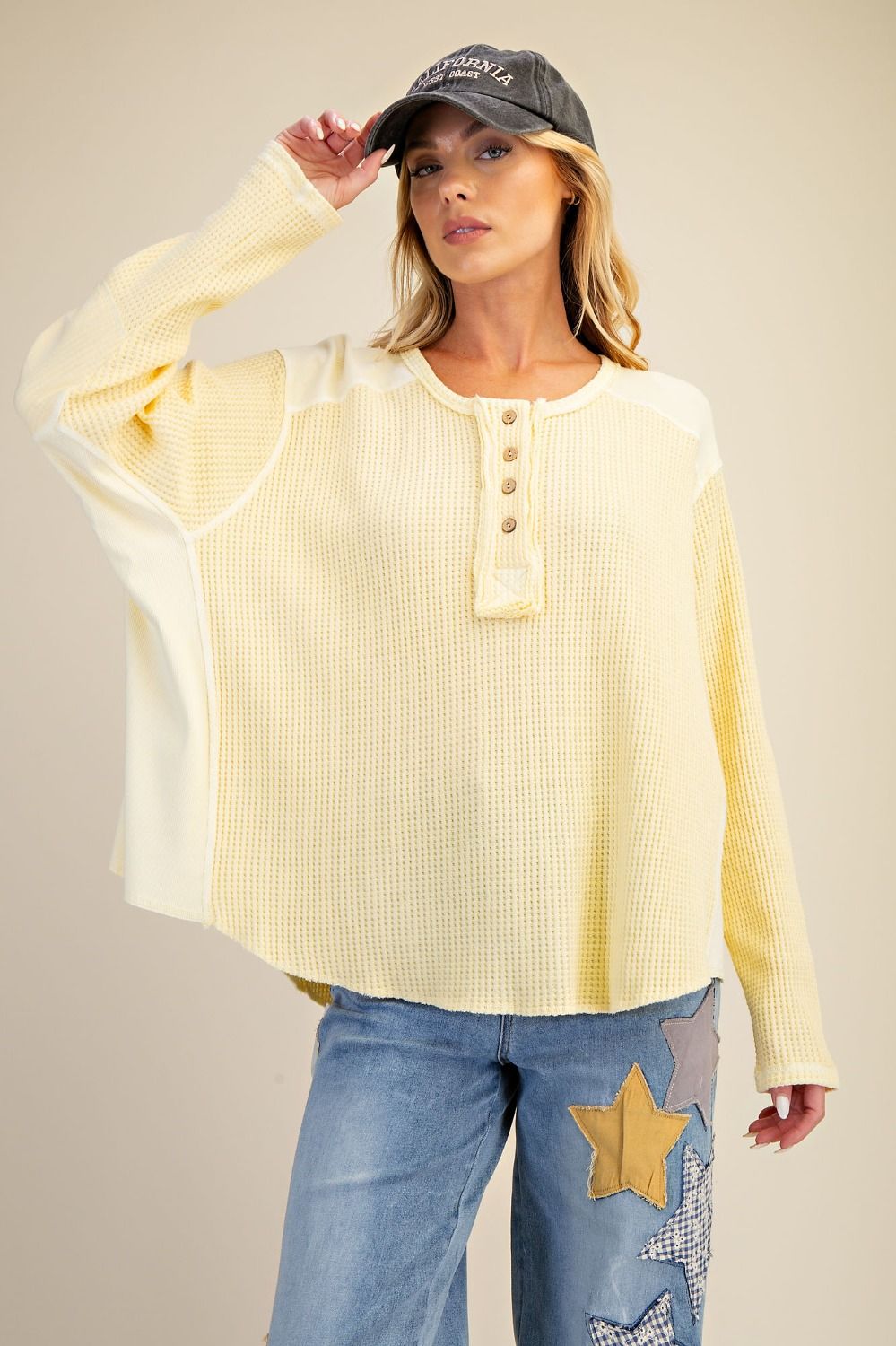 EASEL - Washed Thermal Henley Top (Banana) *Final Sale*