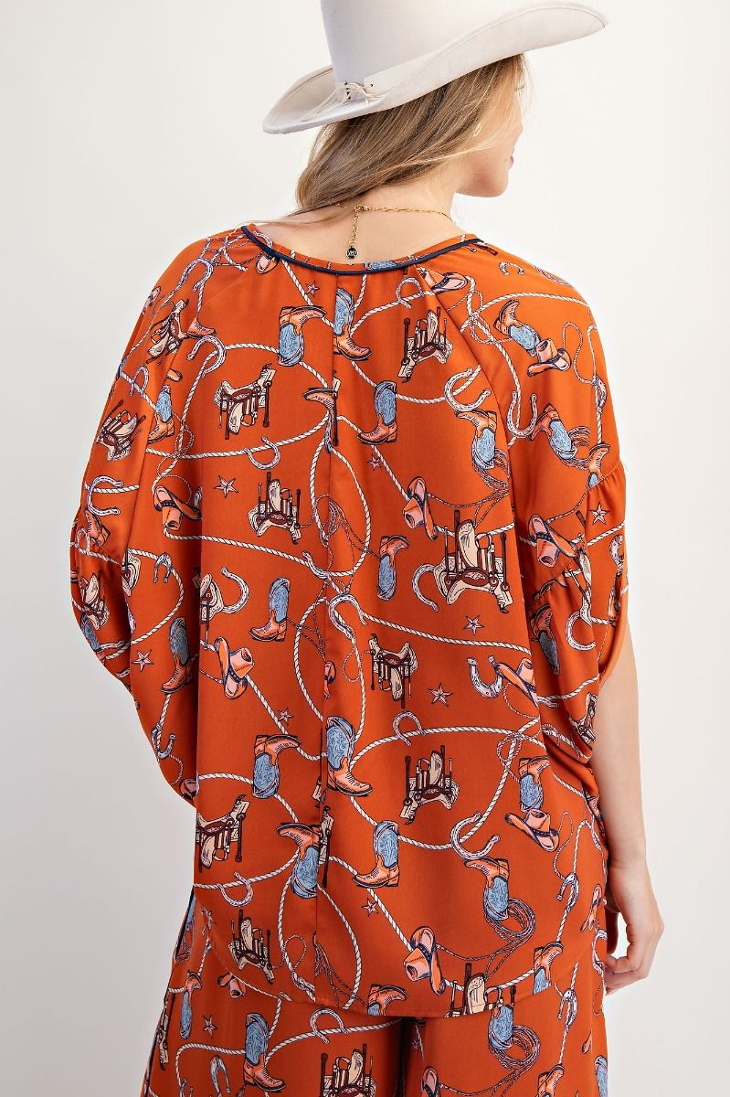 Easel - Half Sleeve Western Printed  SatinTop Rust *Final Sale*