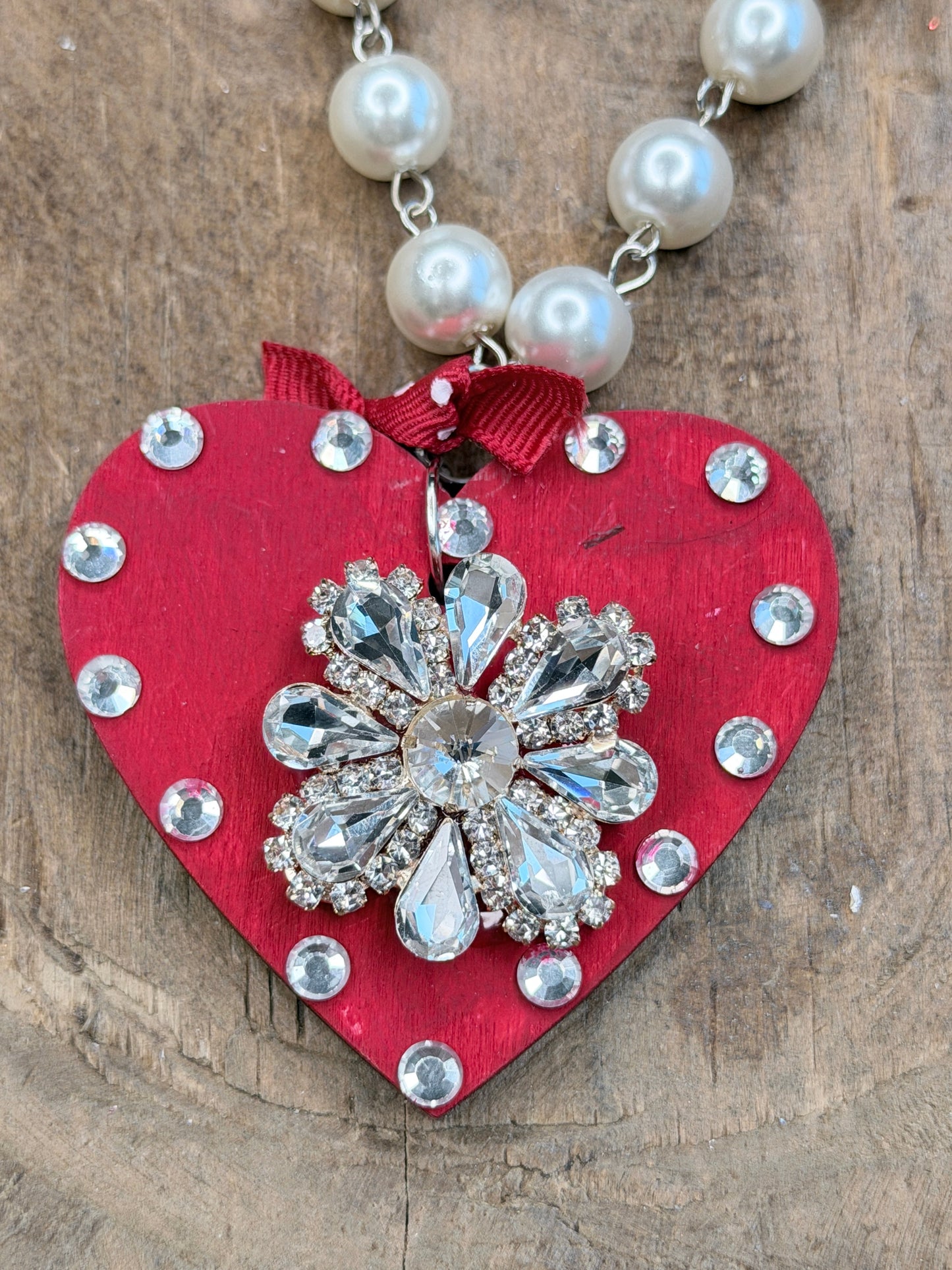 Wooden Rhinestone Red Heart Necklace (B)- ERR ORIGINAL