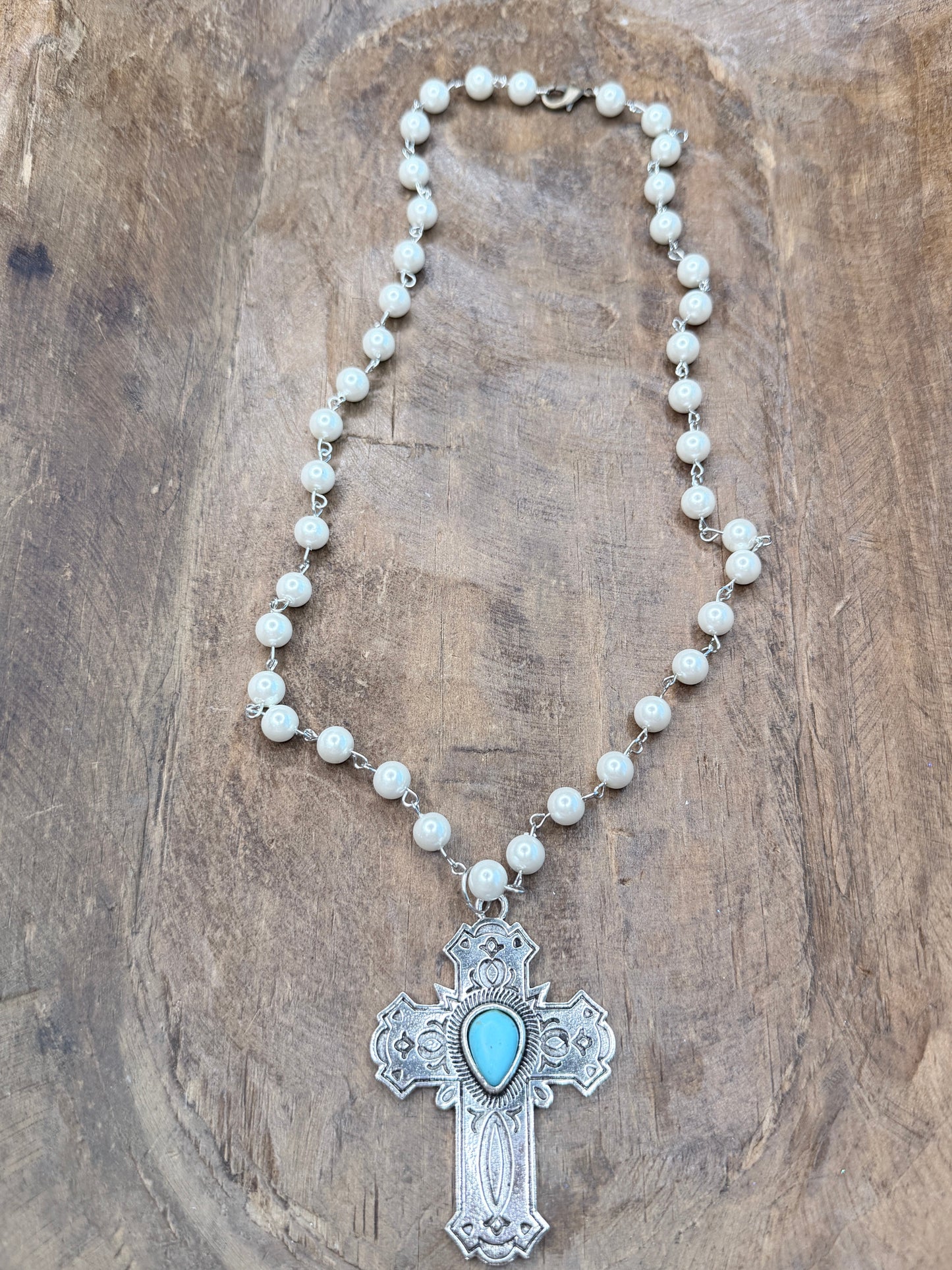 Engraved Silver and Turquoise Cross Necklace