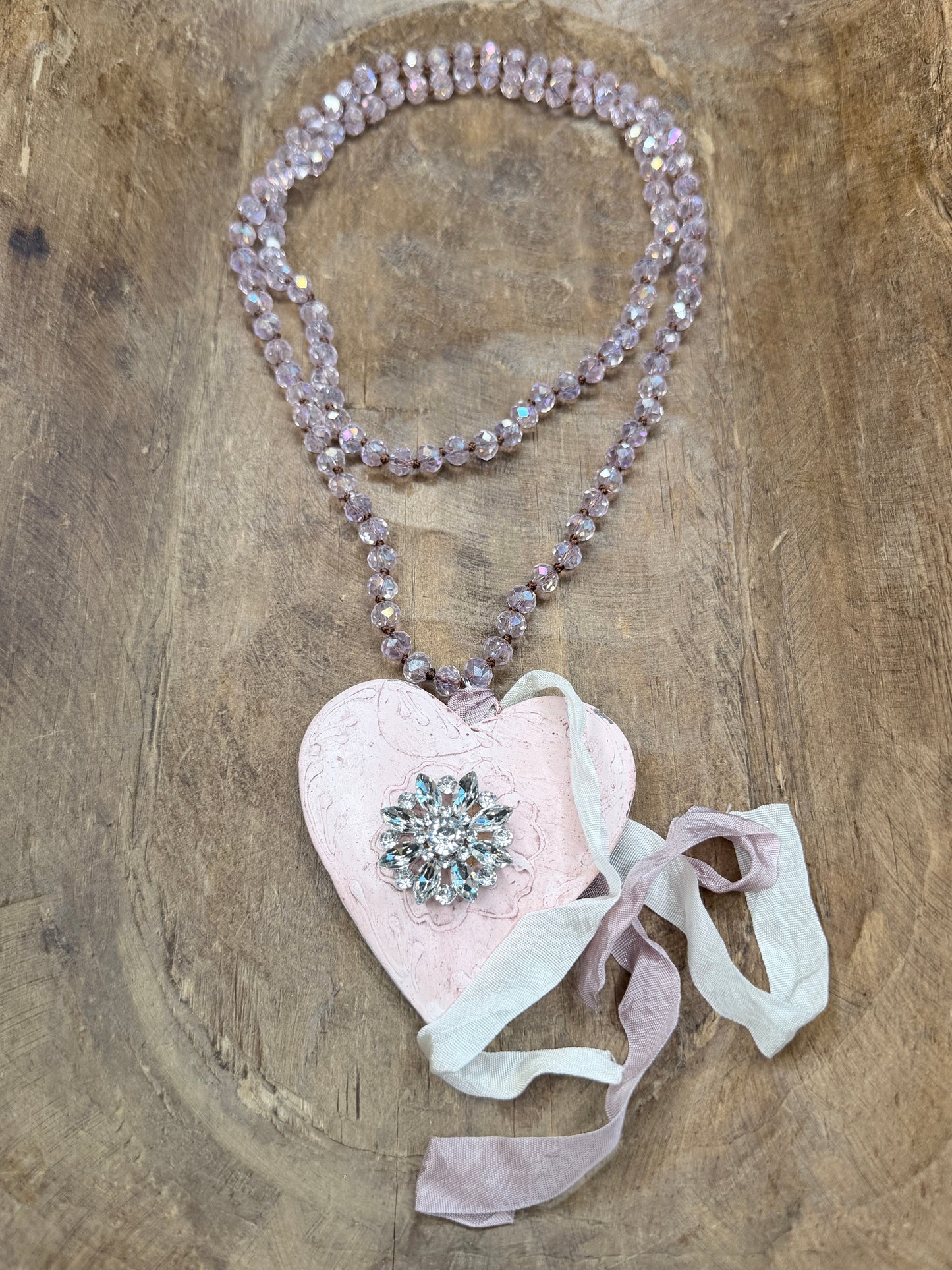A Rare Bird- Pink Metal and Crystal Heart Necklace