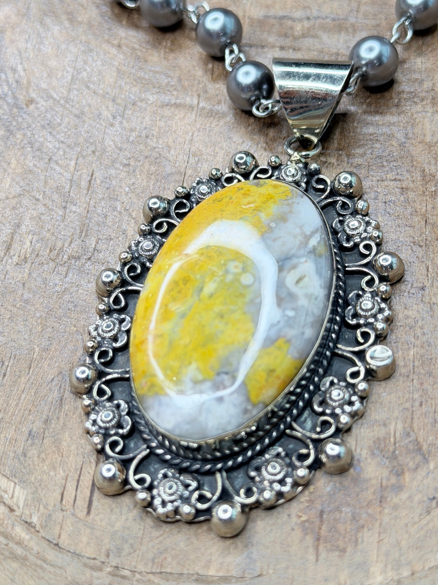 German Silver Bumble Bee Jasper Oval Necklace C