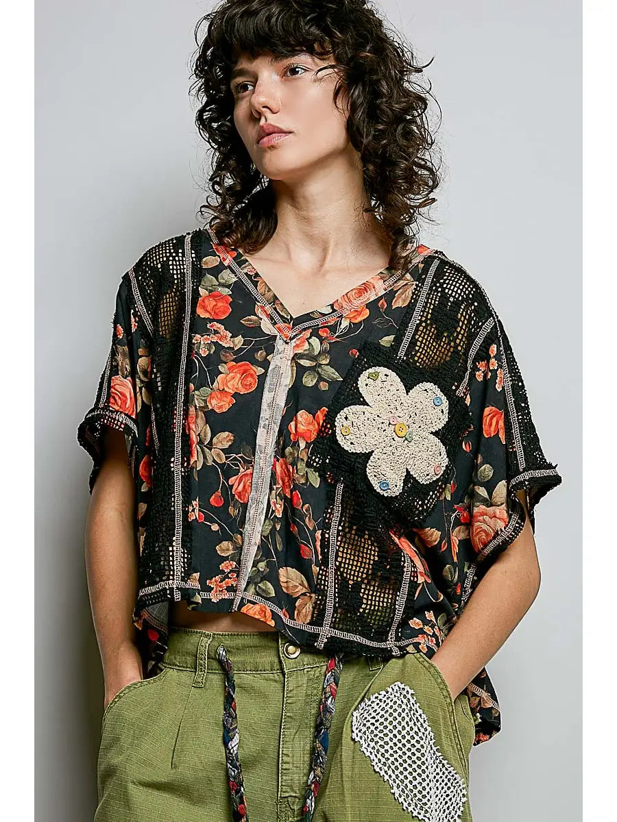 POL- V-Neck Crochet Patch Knit Top (Black/Floral)