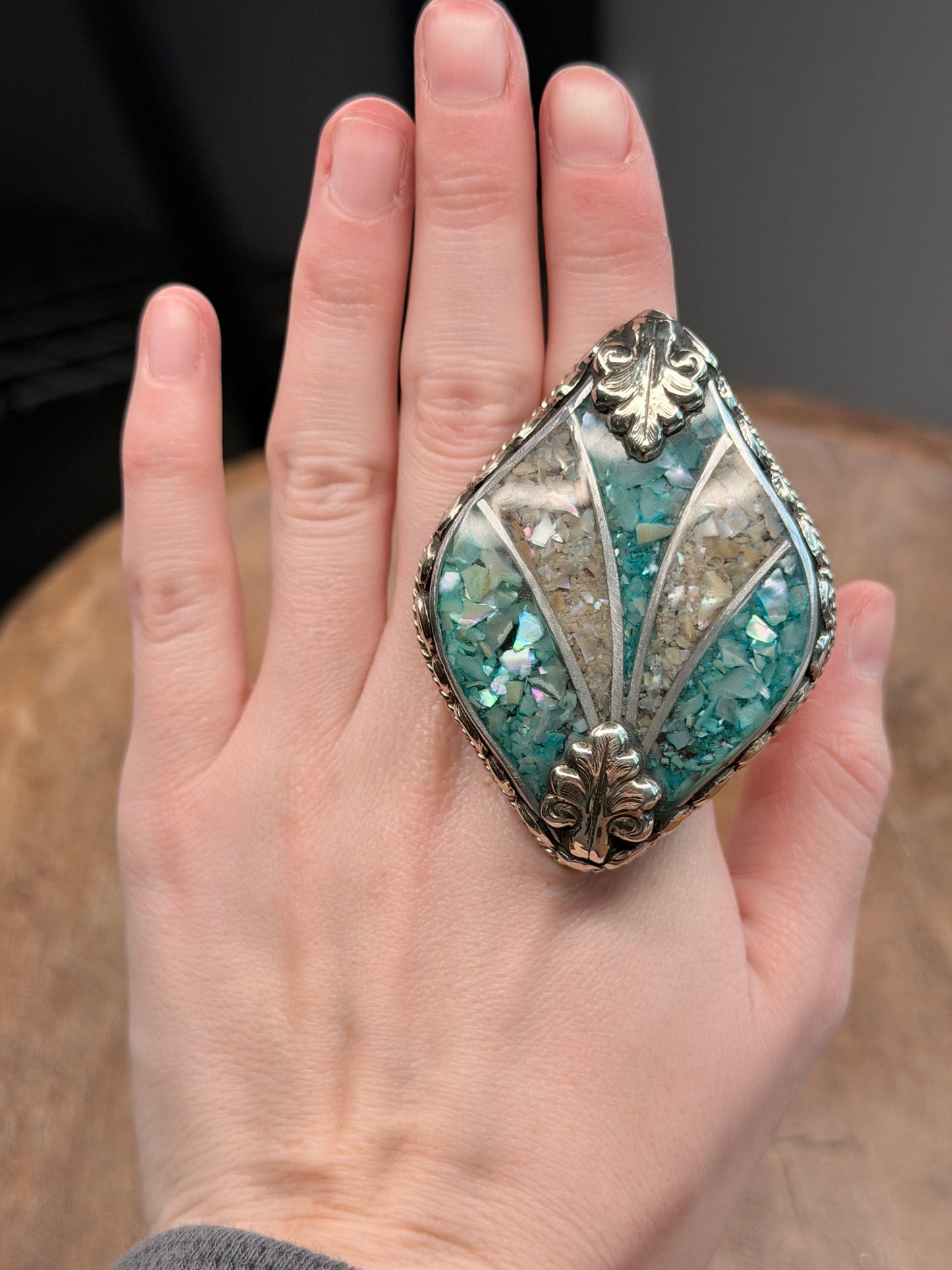 Tibetan Silver Large Blue and White Pearl Chip Ring