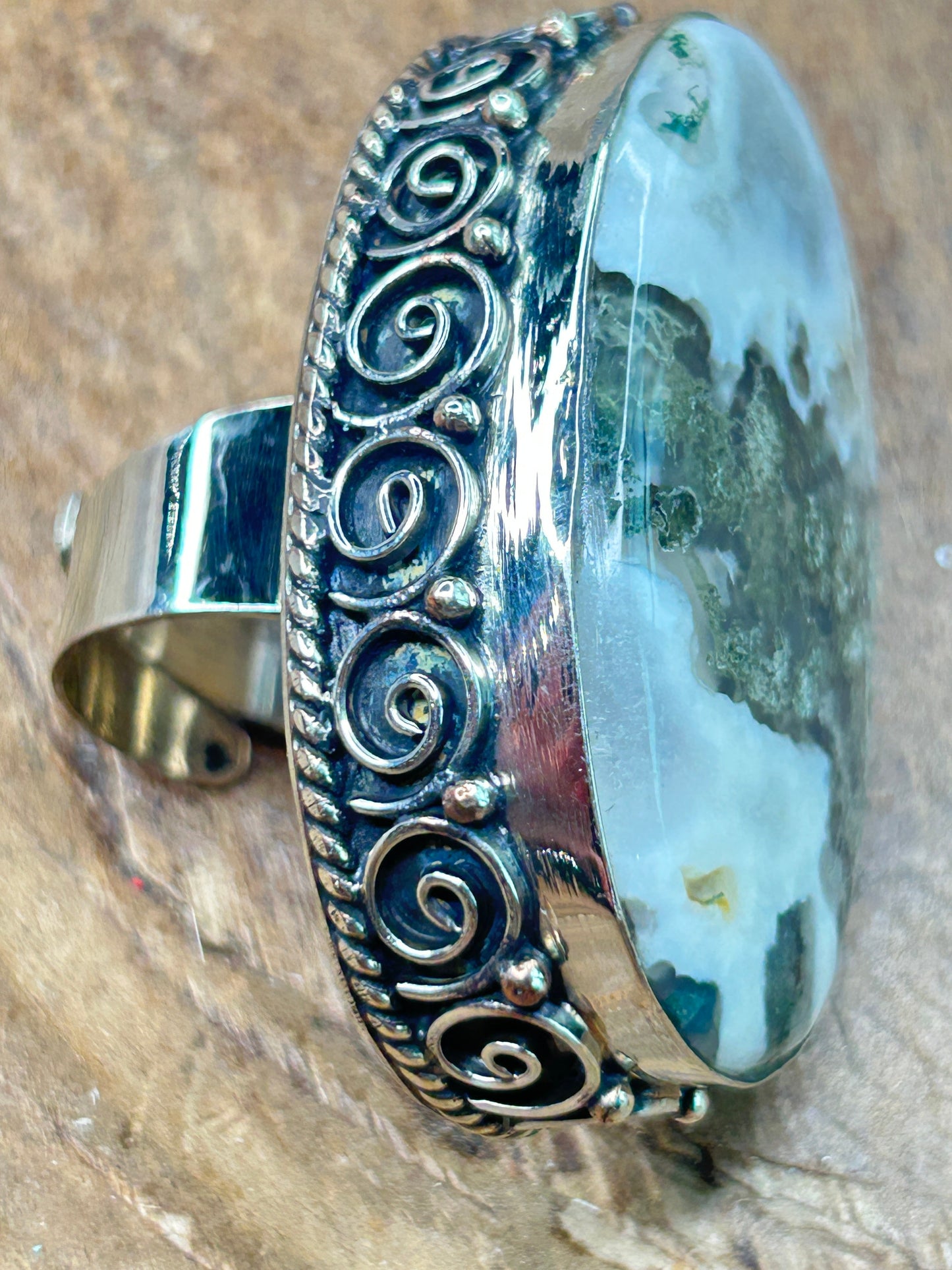 German Silver Green Moss Agate Ring