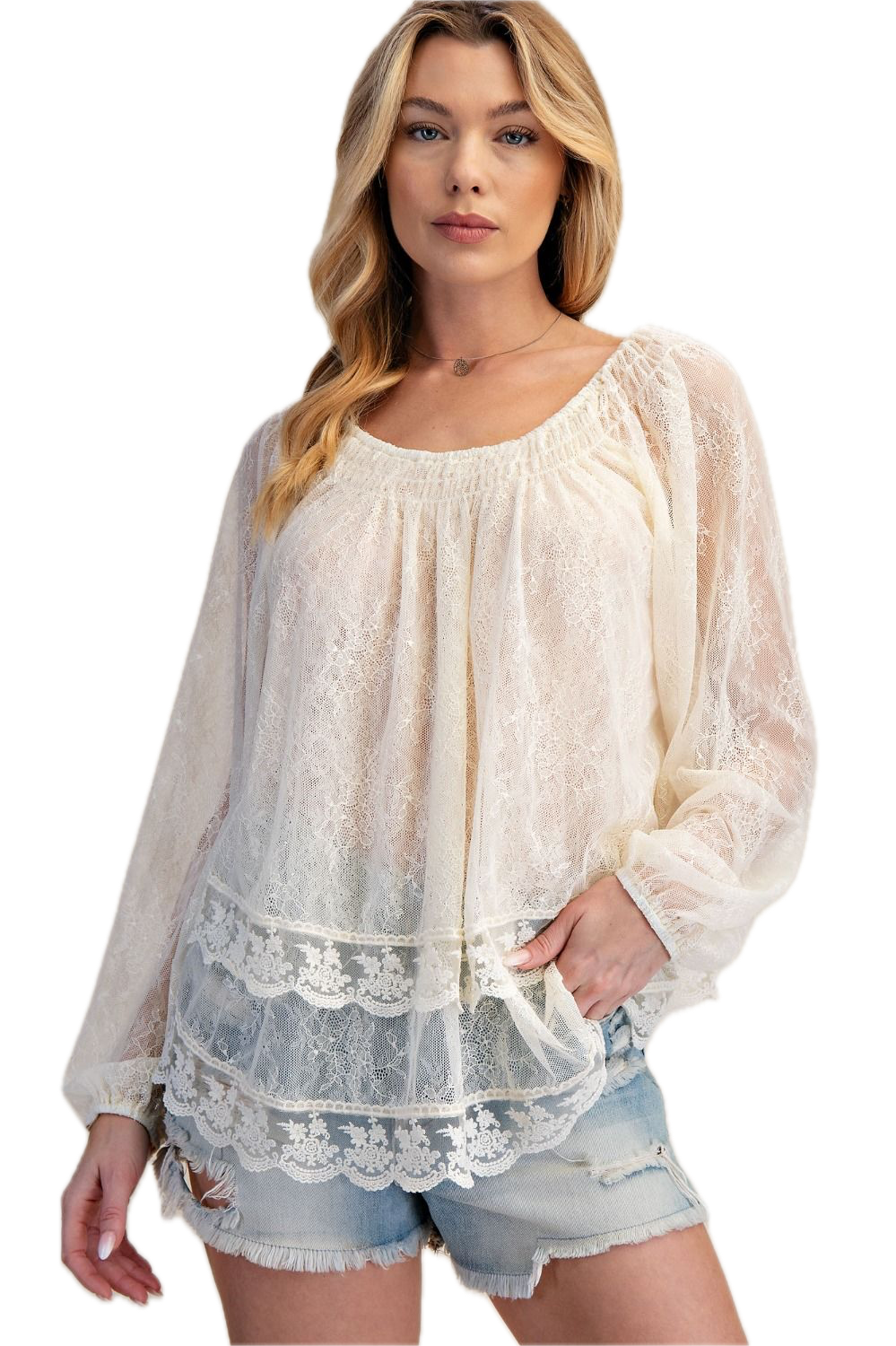 EASEL -Sheer Lace Open Back Top (Ivory/Beige)