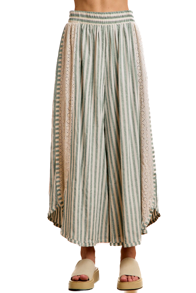 Bibi- Floral Eyelet Striped Wide Leg Pants (Eucalyptus)