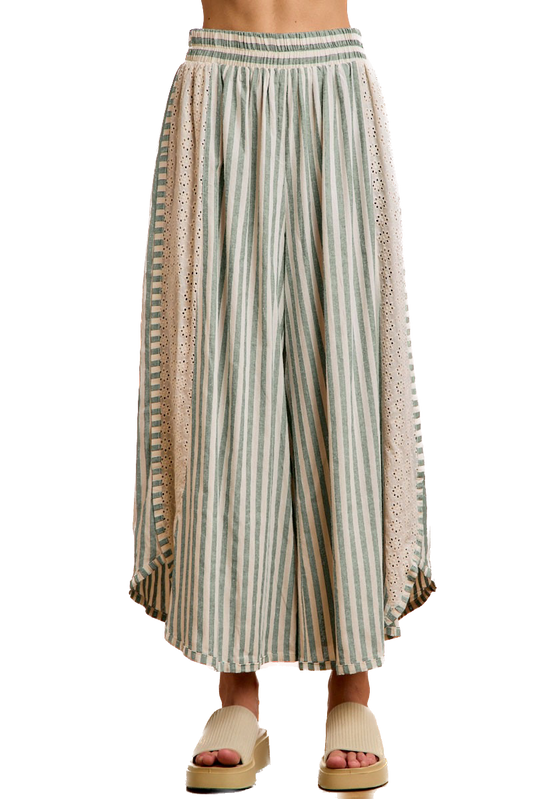 Bibi- Floral Eyelet Striped Wide Leg Pants (Eucalyptus)