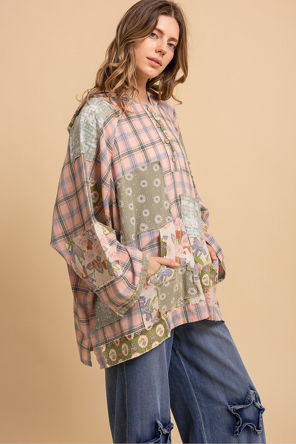 BlueVelvet- Patchwork Half-Button Pullover (Pale Blush) *Final Sale*