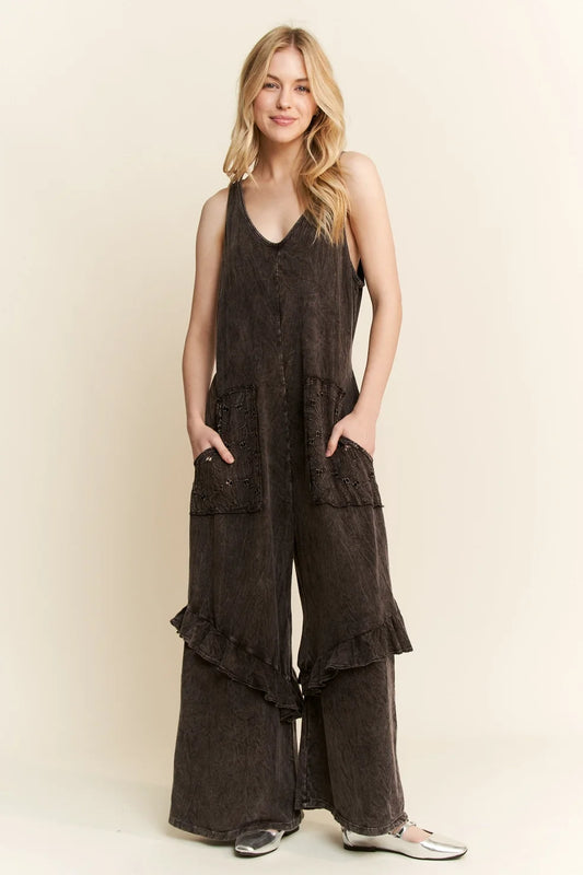 J Her- Mineral Washed Eyelet Pocket Jumpsuit (Ash Black)