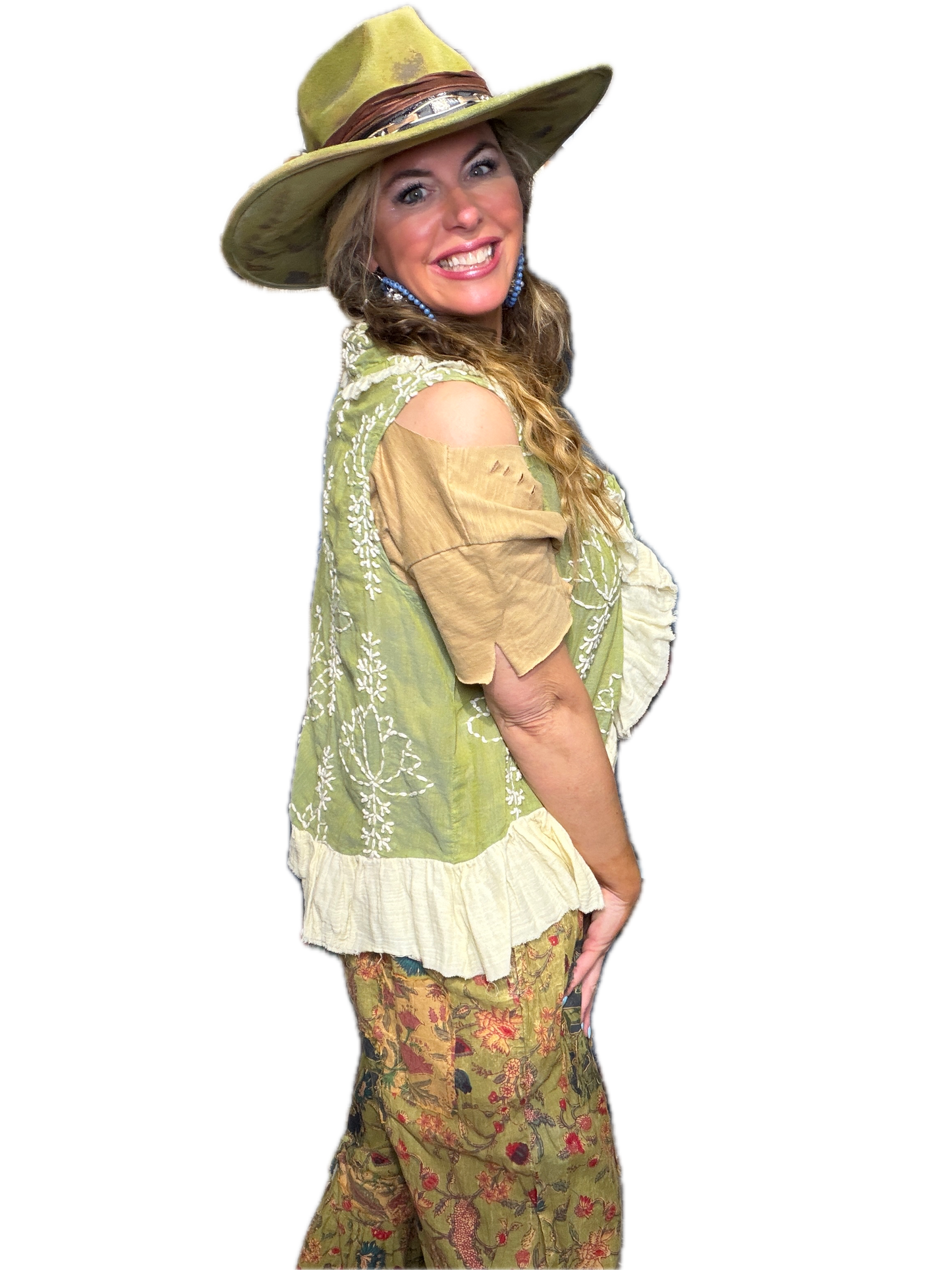 A Rare Bird- Embroidered Ruffle Vest (Green)