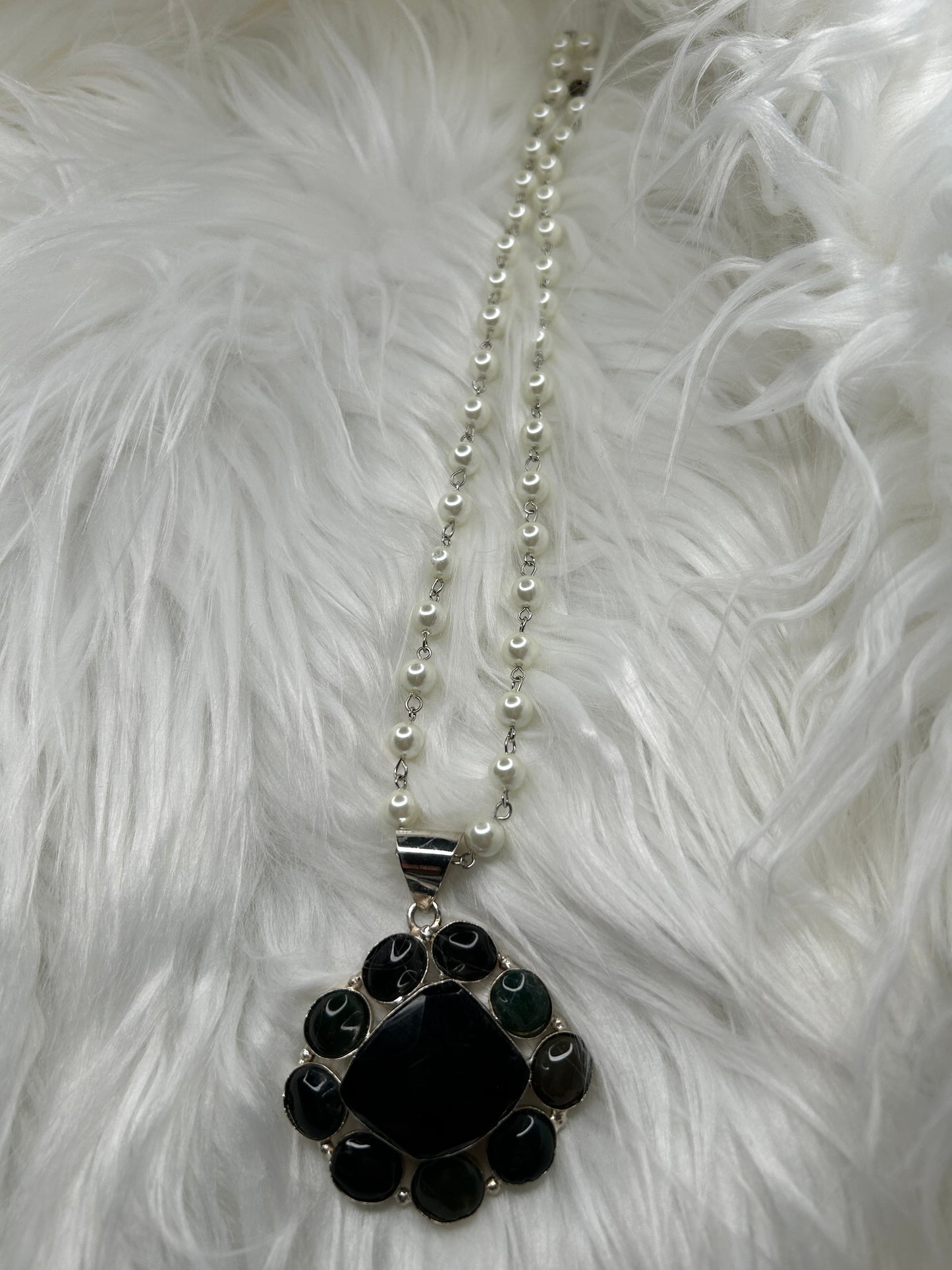 German Silver Onyx Cluster Necklace