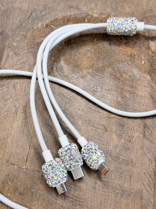 PREORDER Rhinestone 3-1 Phone Charger (Silver) *Final Sale*
