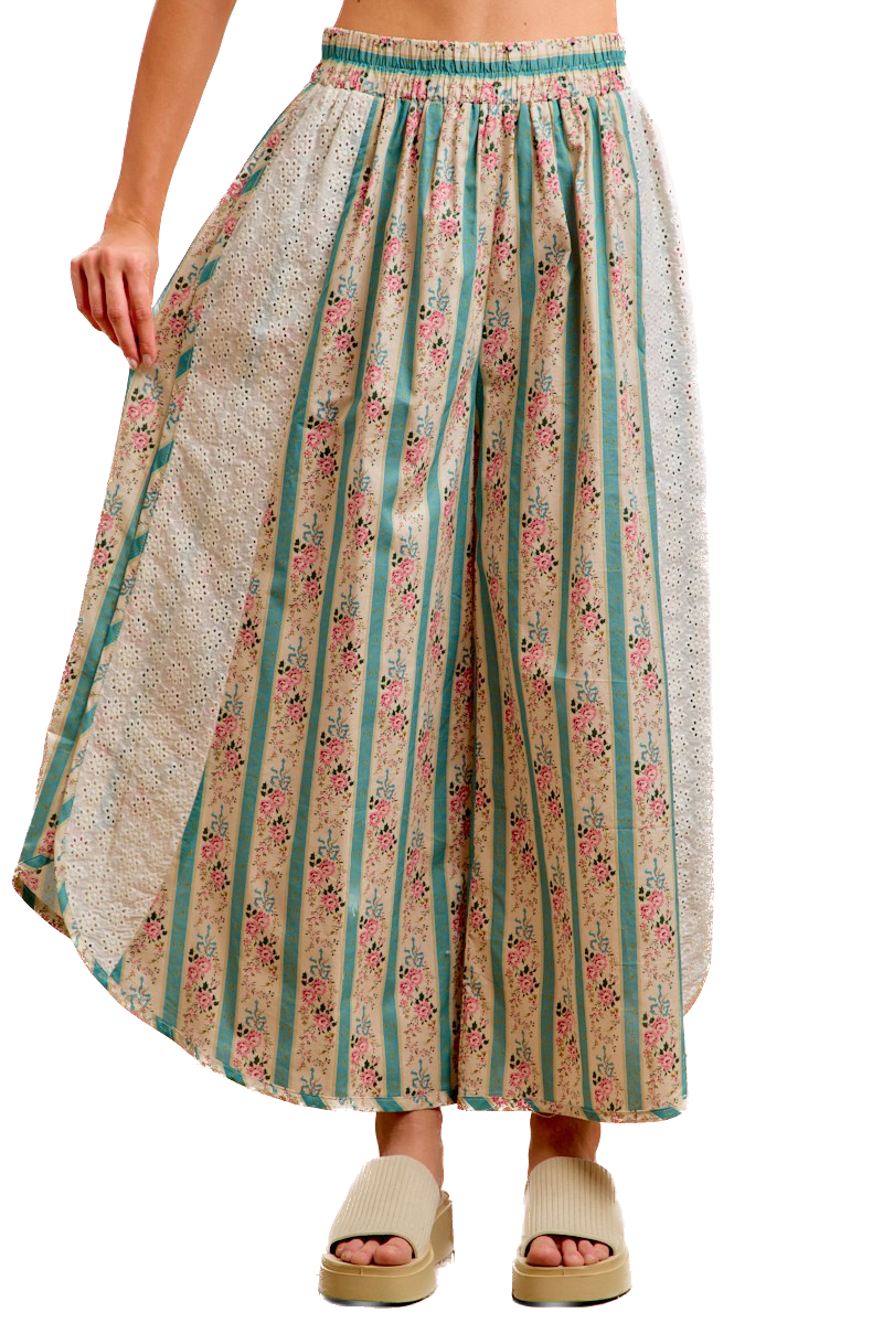 Bibi- Floral Eyelet Wide Leg Pants (Teal)