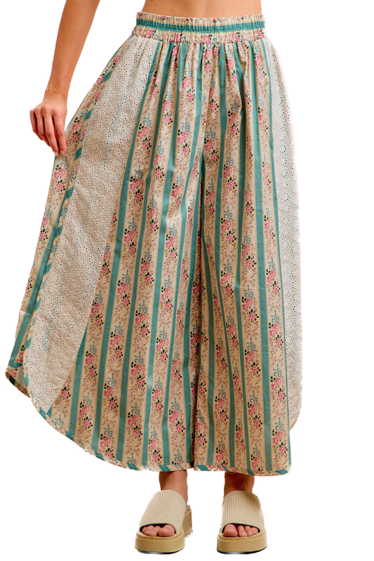 Bibi- Floral Eyelet Wide Leg Pants (Teal)