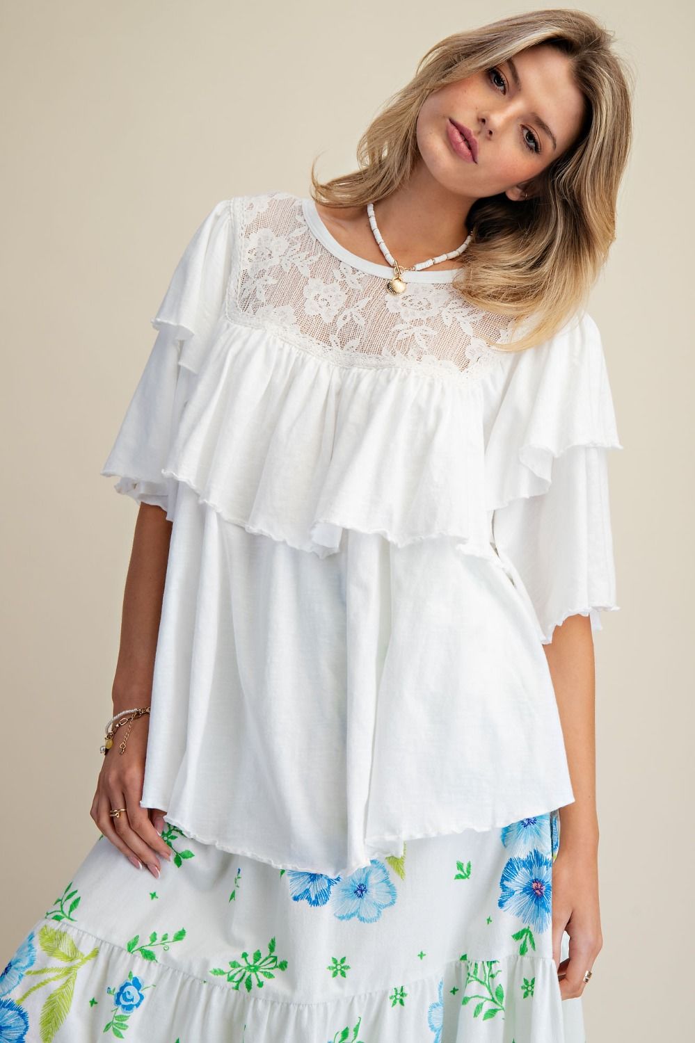 EASEL - Double Wings Sleeves Washed Ruffle Top (Off White)
