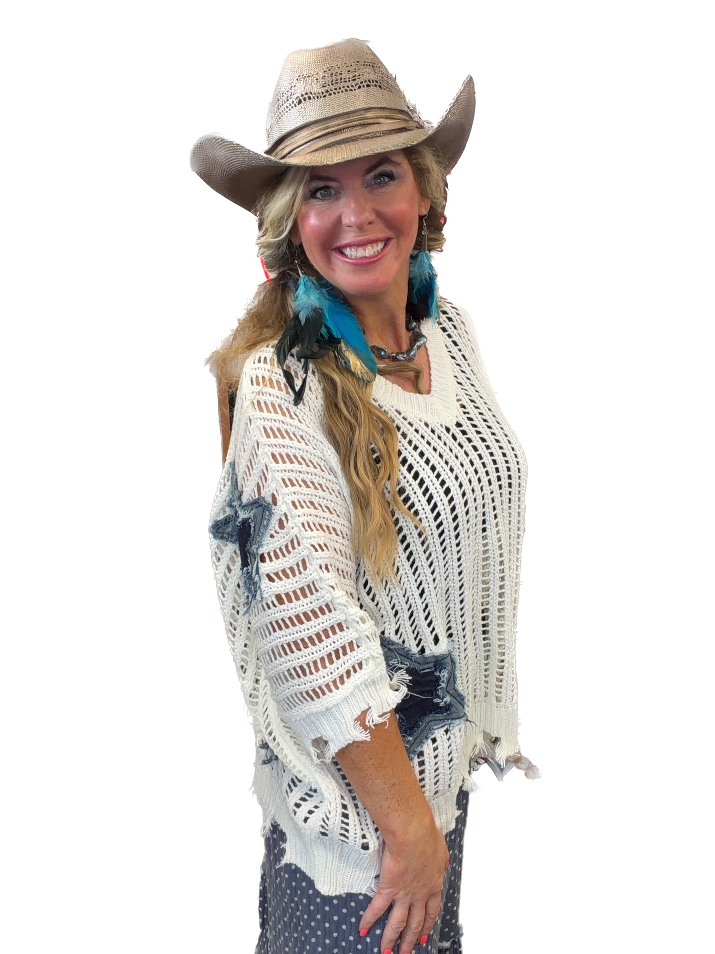 Distressed Star Knit Pullover (White) *Final Sale*