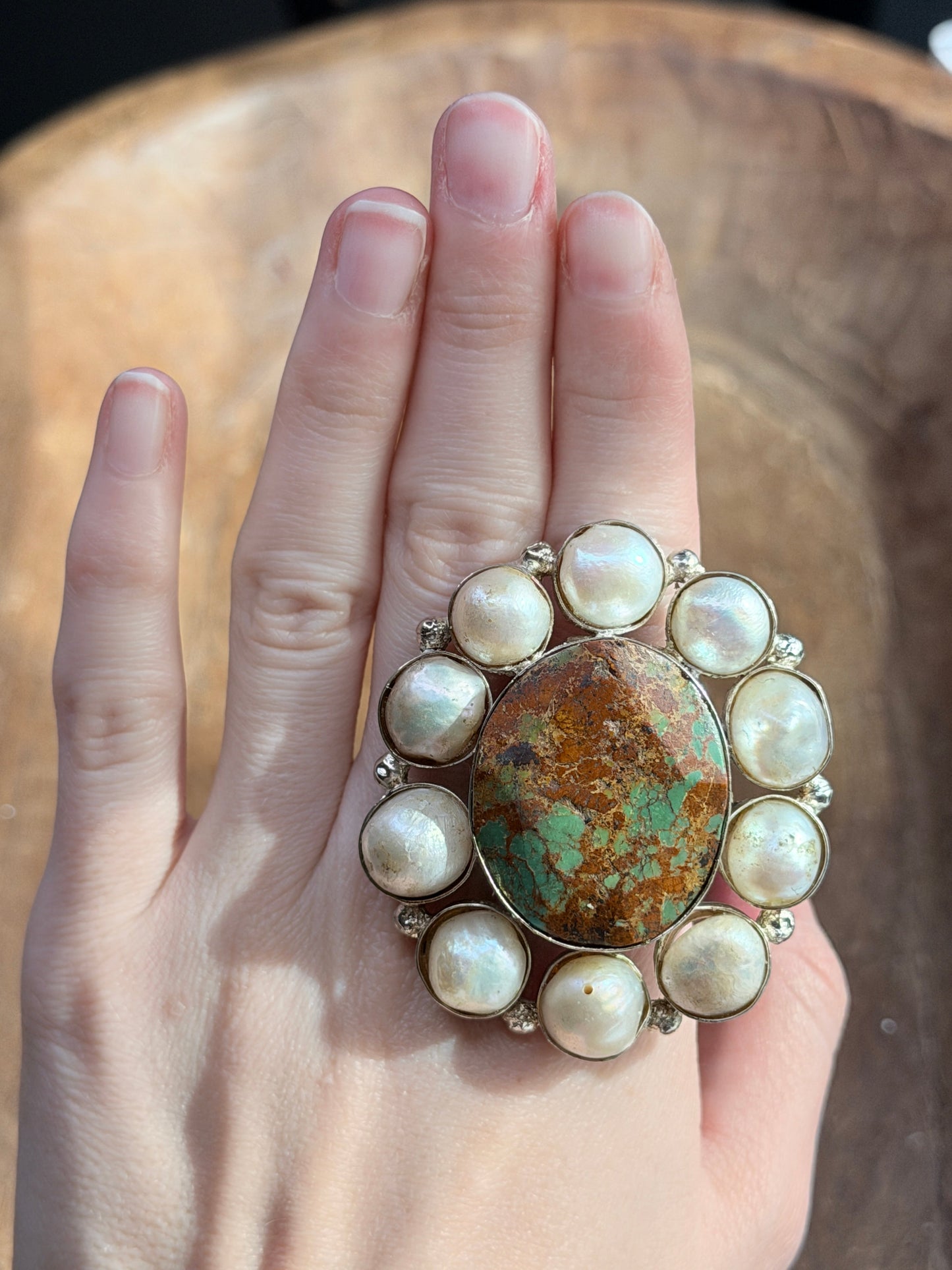 German Silver Turquoise and Pearl Cluster Ring