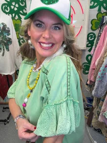 EASEL - Eyelet Sleeve Washed Terry Top (Apple Green)