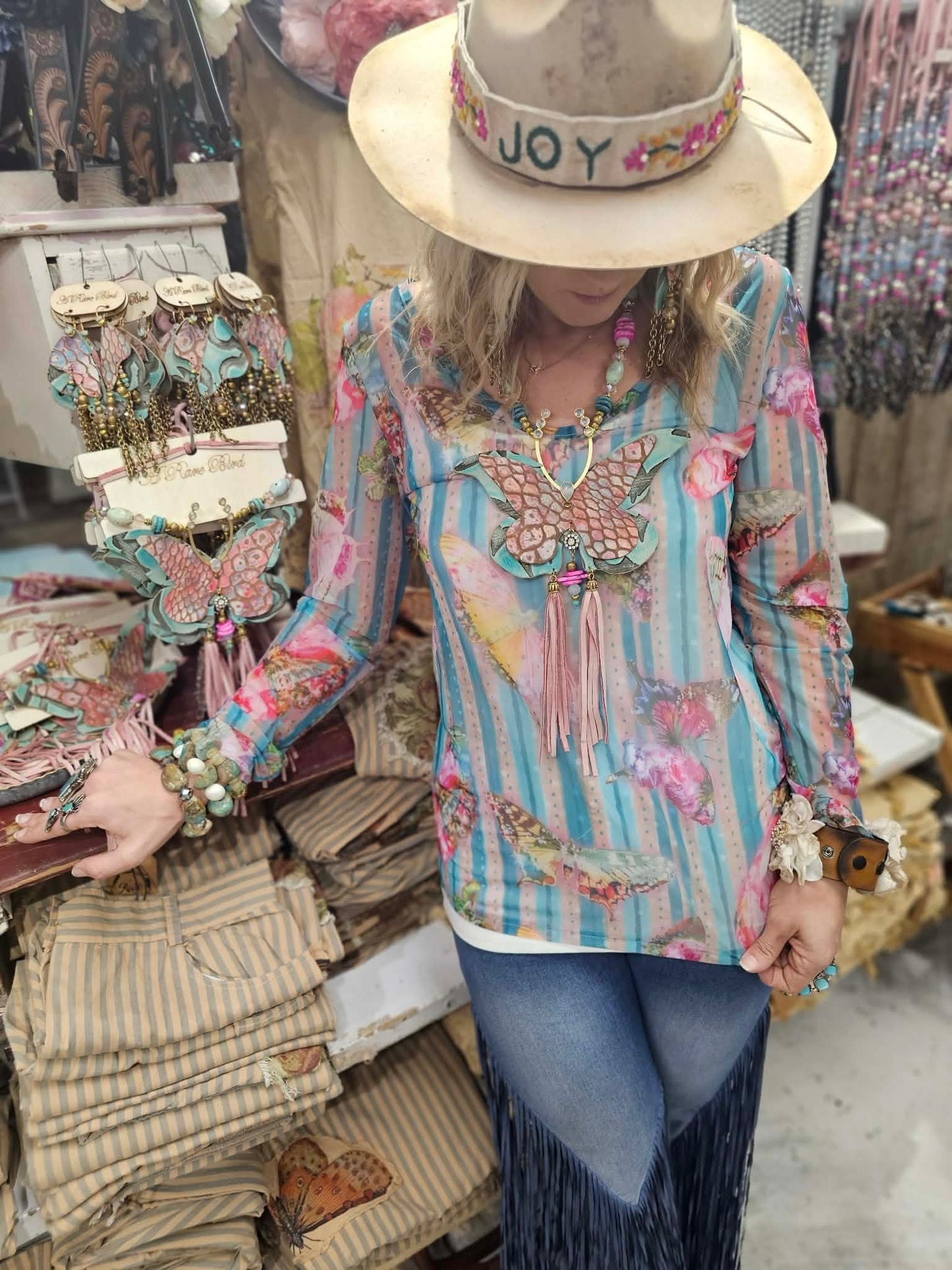 Rare Bird- Mesh Shirt (Butterflies with Stripes) *Final Sale*