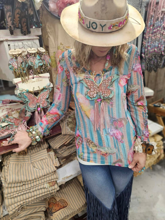 Rare Bird- Mesh Shirt (Butterflies with Stripes) *Final Sale*
