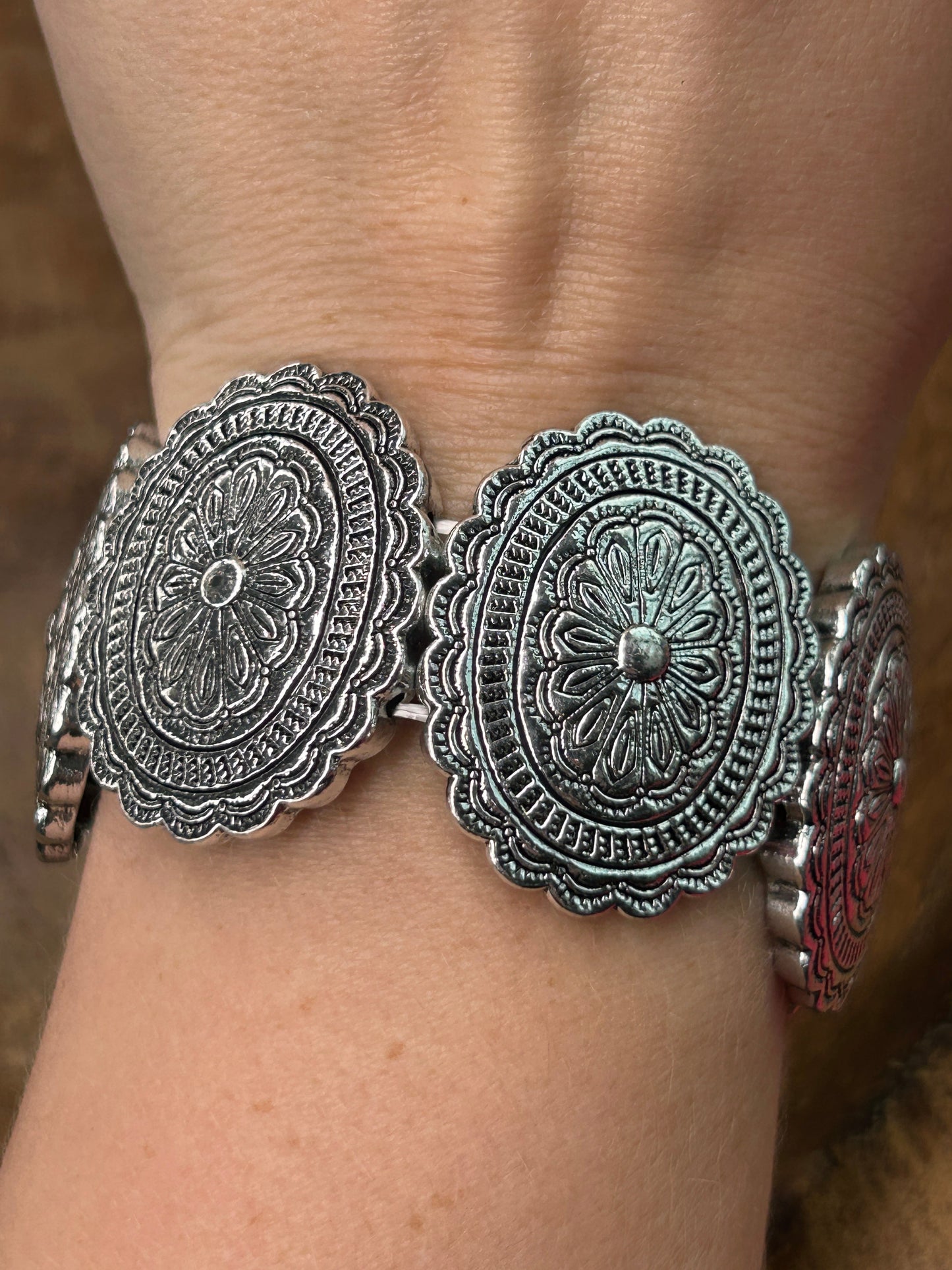 Engraved Silver Concho Stretch Bracelet