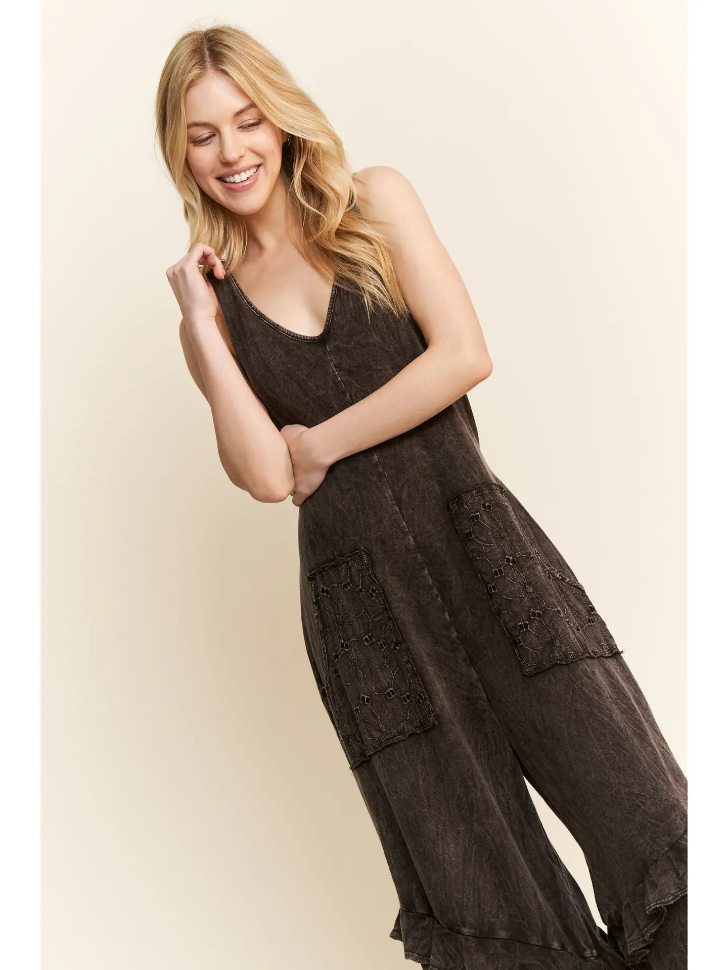 J Her- Mineral Washed Eyelet Pocket Jumpsuit (Ash Black)