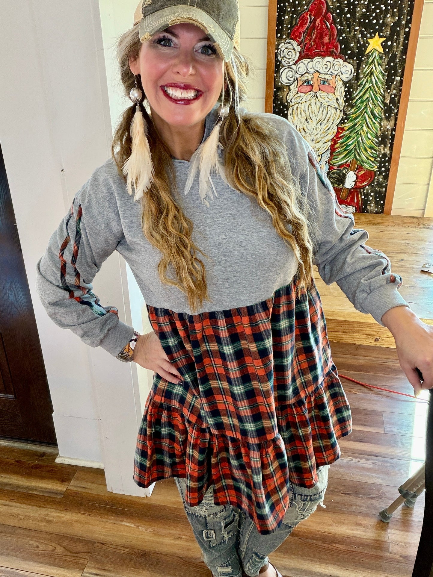 MITTOSHOP- Mixed Plaid Oversized Hoodie Dress (Orange/Blue) *Final Sale*